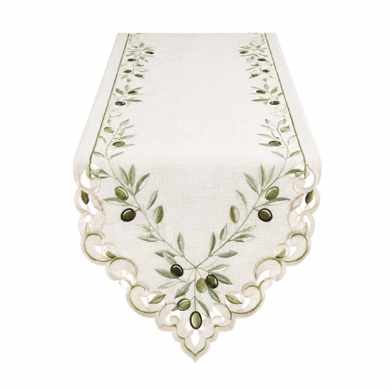Runner da tavola 180 x 40 cm in tessuto color avorio con ricamo olive stile classico