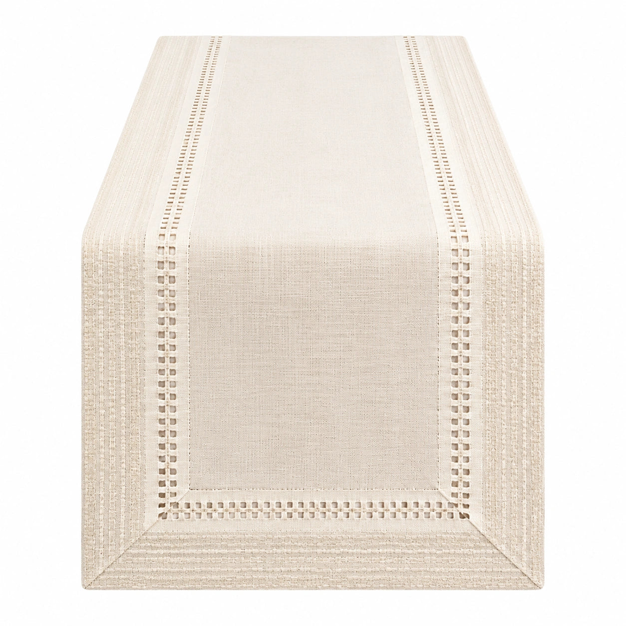 Runner da tavola 180 x 40 cm in tessuto effetto lino beige con bordo traforato