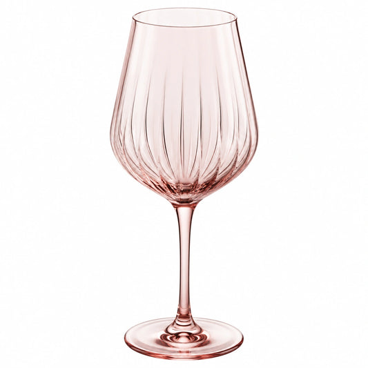 Calice da vino 450 ml in vetro rosa con stelo e decoro scanalato