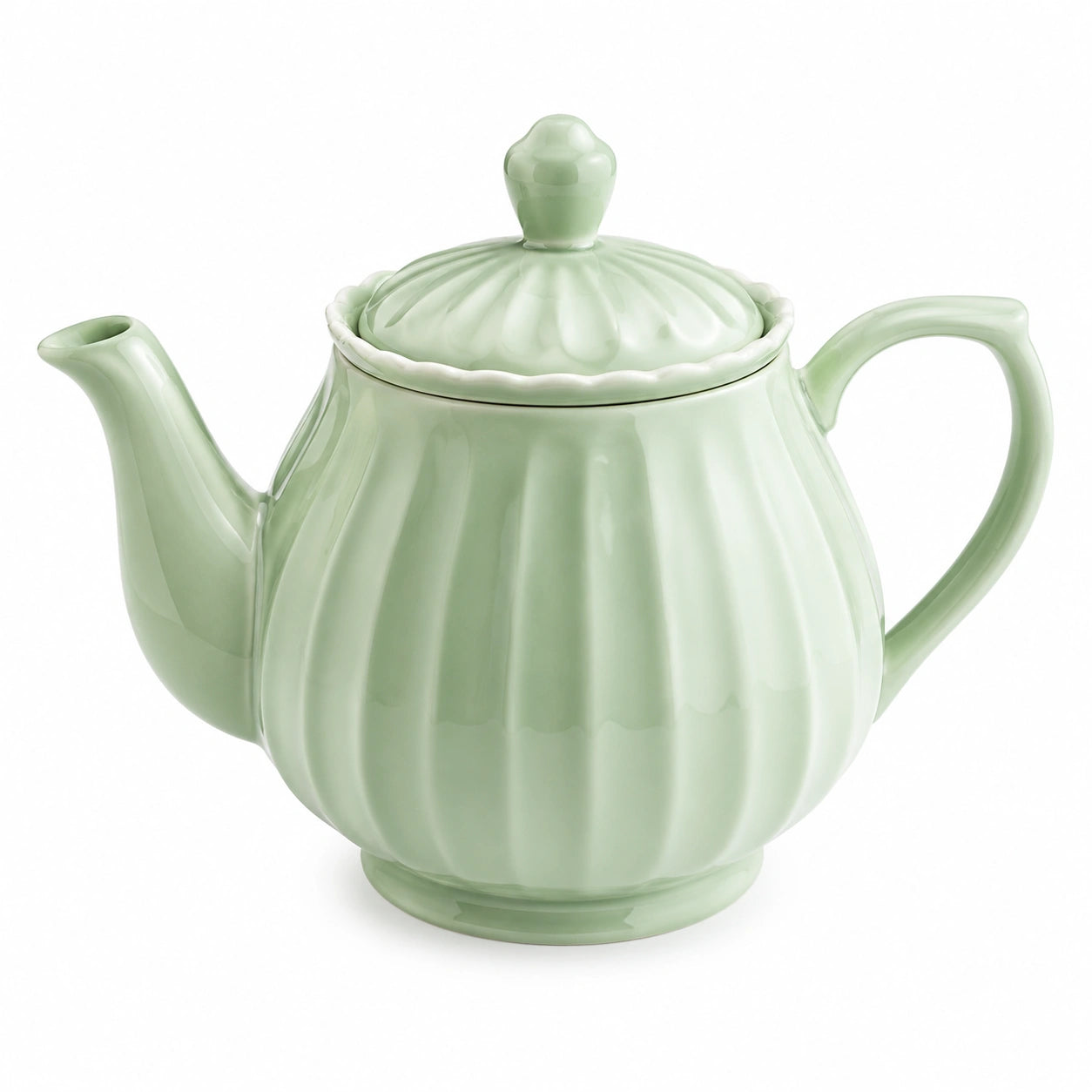 Teiera 1000 ml in ceramica verde salvia con coperchio - design scanalato per tè e infusi
