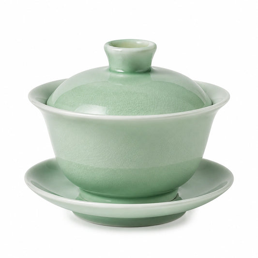 Gaiwan in ceramica verde 150 ml - teiera con coperchio e piattino stile tradizionale