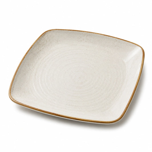 Piatto quadrato 25×25 cm in ceramica avorio con bordo marrone stile rustico