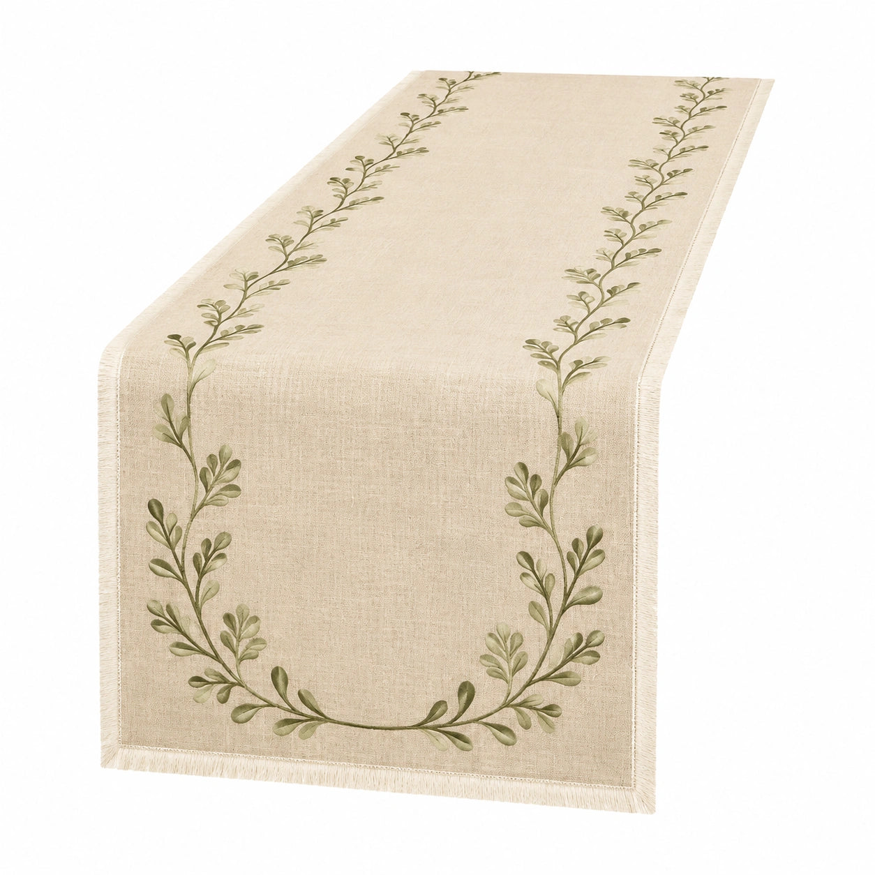 Runner da tavola 180 x 40 cm in tessuto beige con motivo botanico e frange