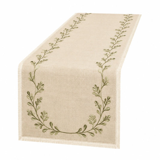 Runner da tavola 180 x 40 cm in tessuto beige con motivo botanico e frange