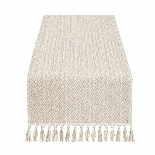 Runner da tavola 35 x 180 cm in cotone beige con frange stile rustico