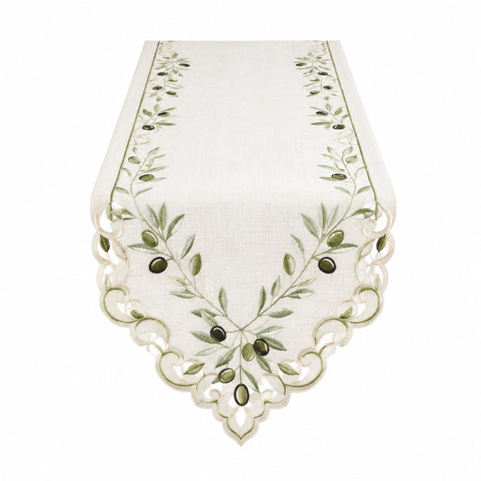 Runner da tavola 180 x 40 cm in tessuto color avorio con ricamo olive stile classico