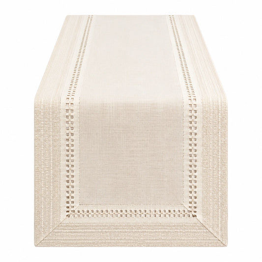 Runner da tavola 180 x 40 cm in tessuto effetto lino beige con bordo traforato