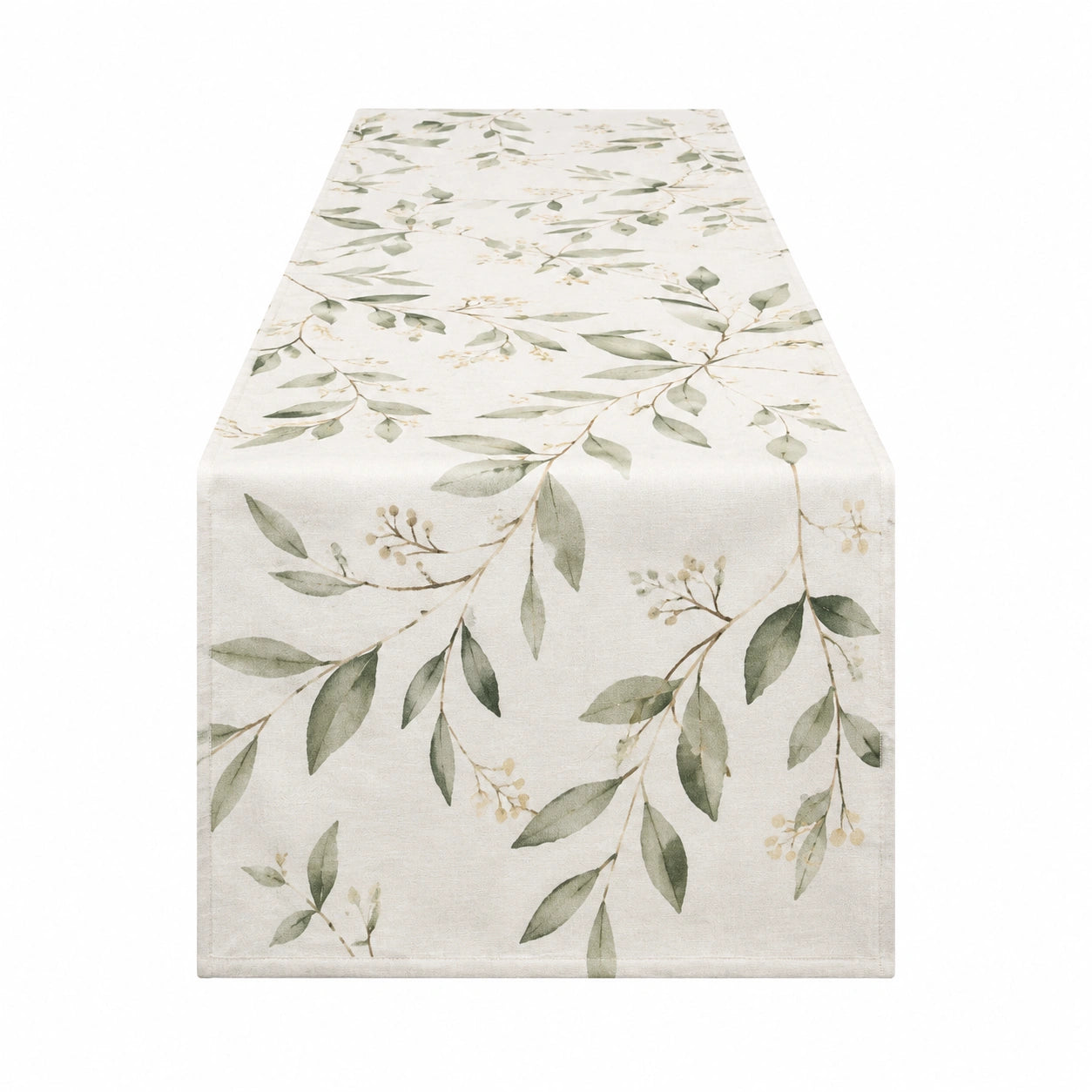 Runner da tavola 180 x 40 cm in tessuto avorio e verde con motivo botanico stile naturale