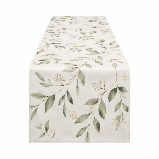 Runner da tavola 180 x 40 cm in tessuto avorio e verde con motivo botanico stile naturale