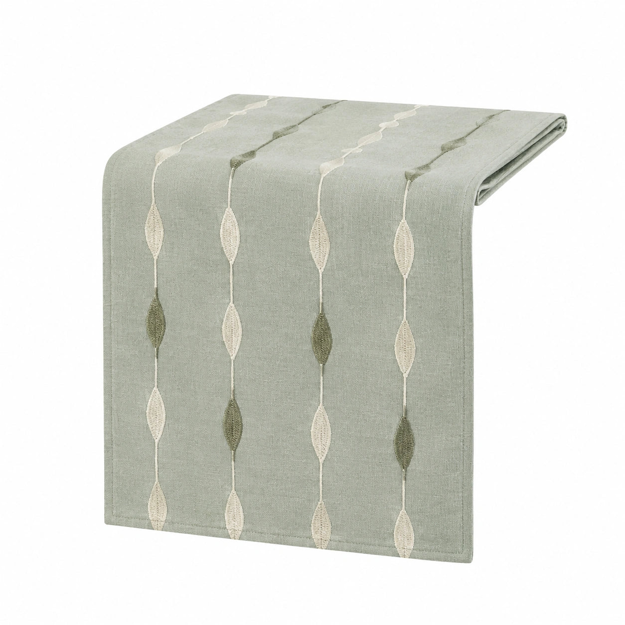 Runner da tavola 40x180 cm in tessuto verde salvia con ricamo a foglie