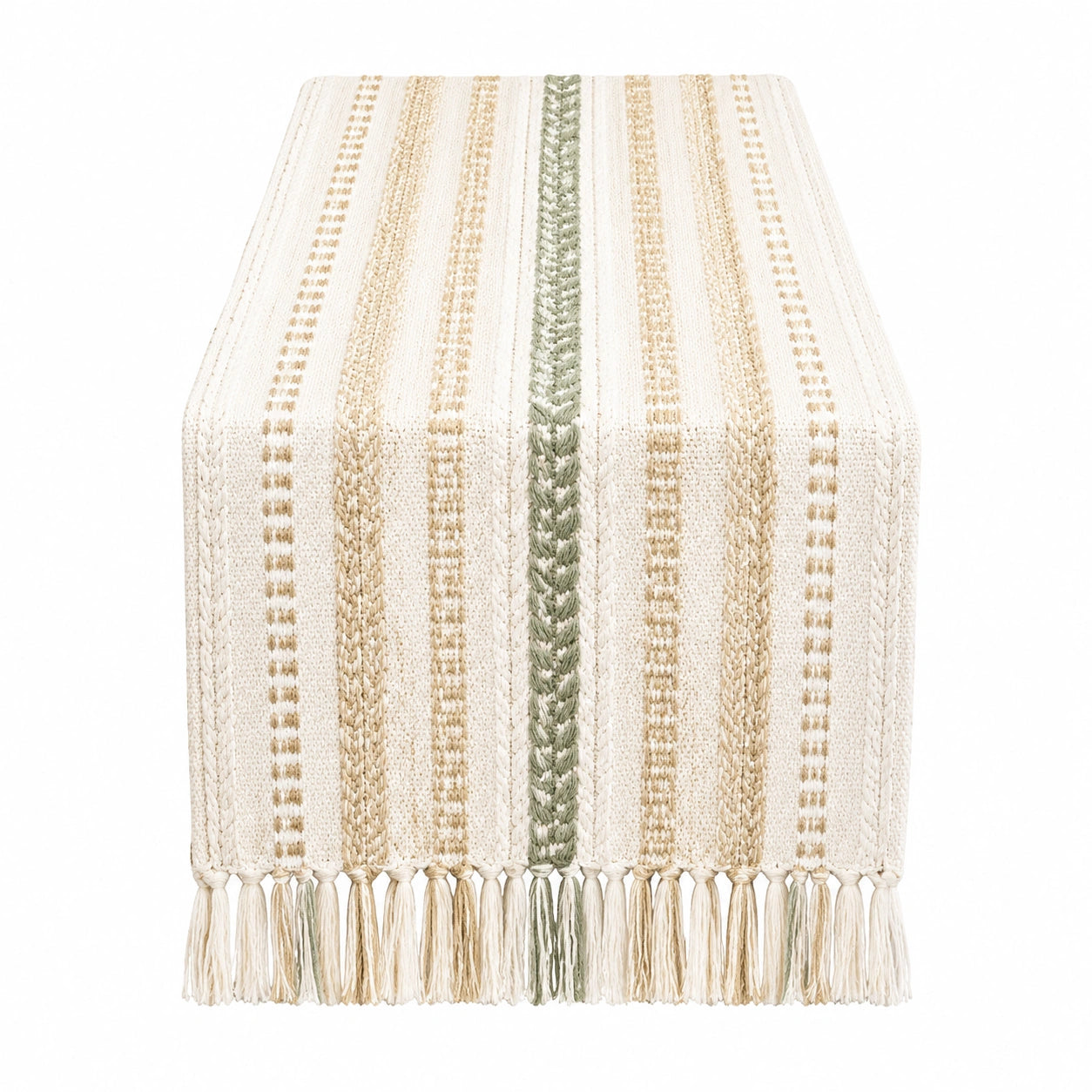Runner da tavolo 180 x 35 cm in tessuto beige verde con frange stile boho