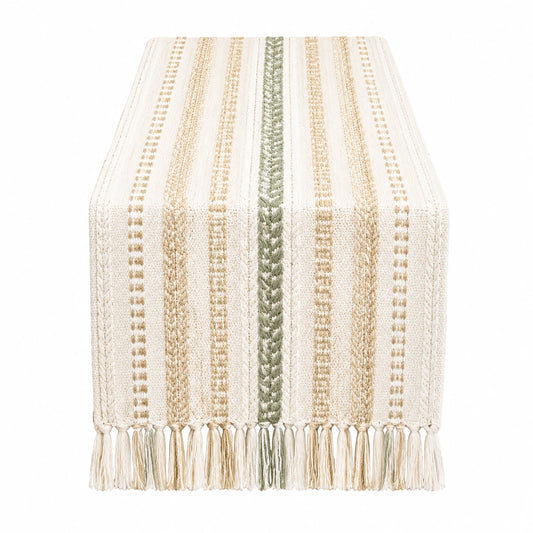 Runner da tavolo 180 x 35 cm in tessuto beige verde con frange stile boho