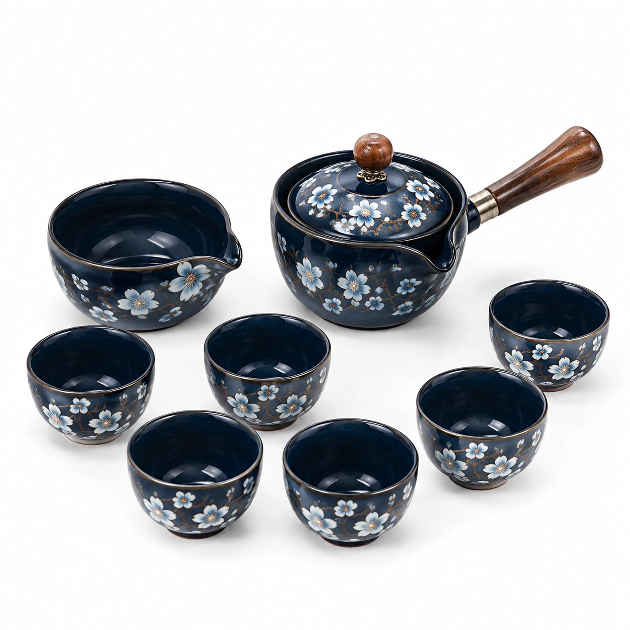 Servizio da tè in ceramica 8 pezzi teiera 18 cm blu con fiori e manico in legno