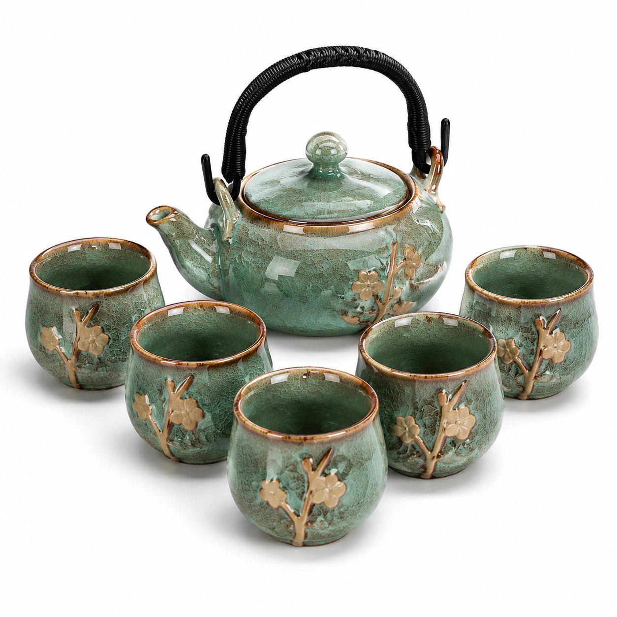 Servizio da tè in ceramica 7 pezzi verde con teiera 23 x 15 cm stile floreale