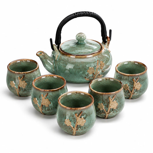 Servizio da tè in ceramica 7 pezzi verde con teiera 23 x 15 cm stile floreale