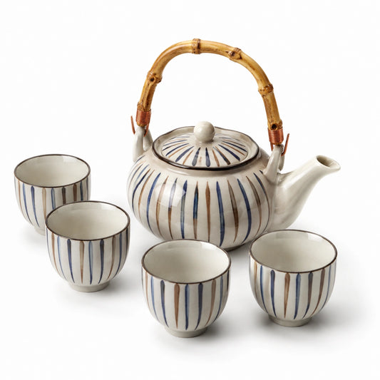 Set da tè in ceramica 5 pezzi 1200 ml bianco blu e marrone con manico in bambù - stile tradizionale