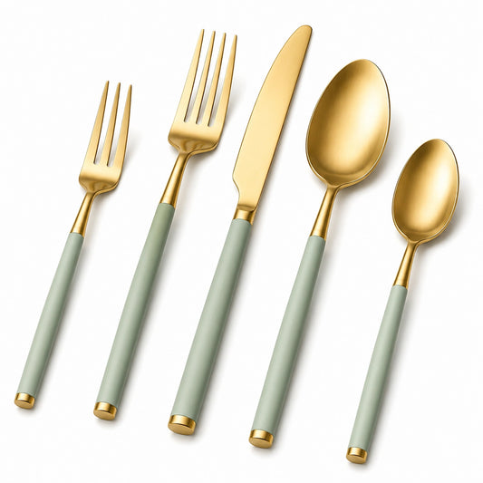 Set posate 5 pezzi in acciaio inossidabile oro e verde salvia per tavola