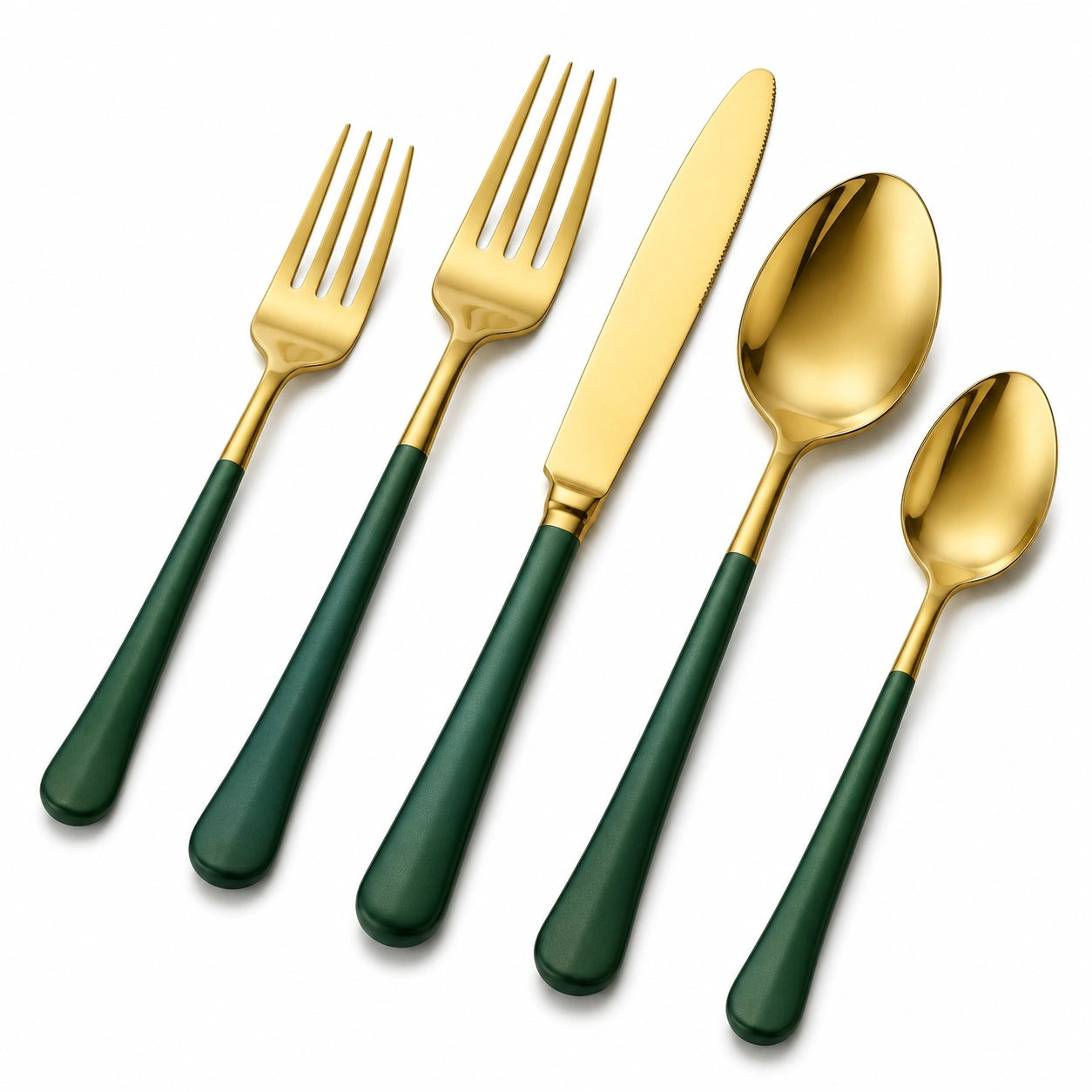 Set posate 5 pezzi 14-22 cm in acciaio inox oro e verde scuro per tavola