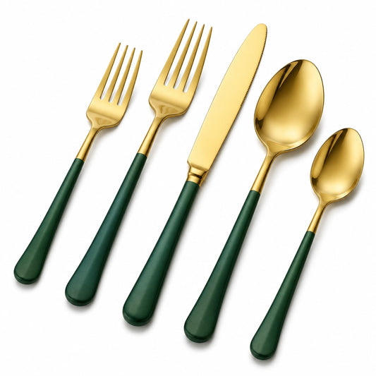 Set posate 5 pezzi 14-22 cm in acciaio inox oro e verde scuro per tavola