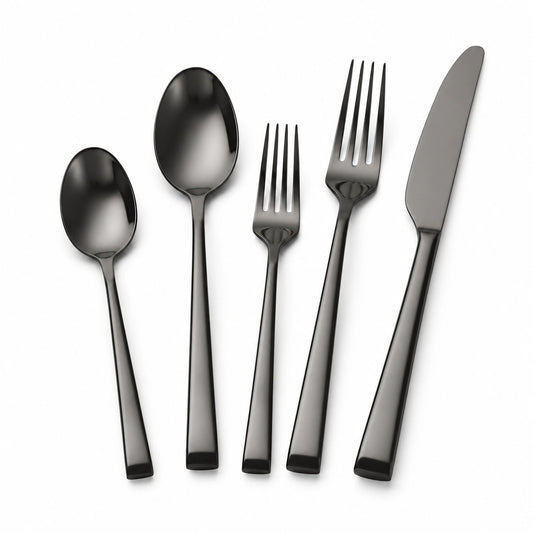 Set posate 5 pezzi da 14 a 23 cm in acciaio inox nero stile moderno per tavola