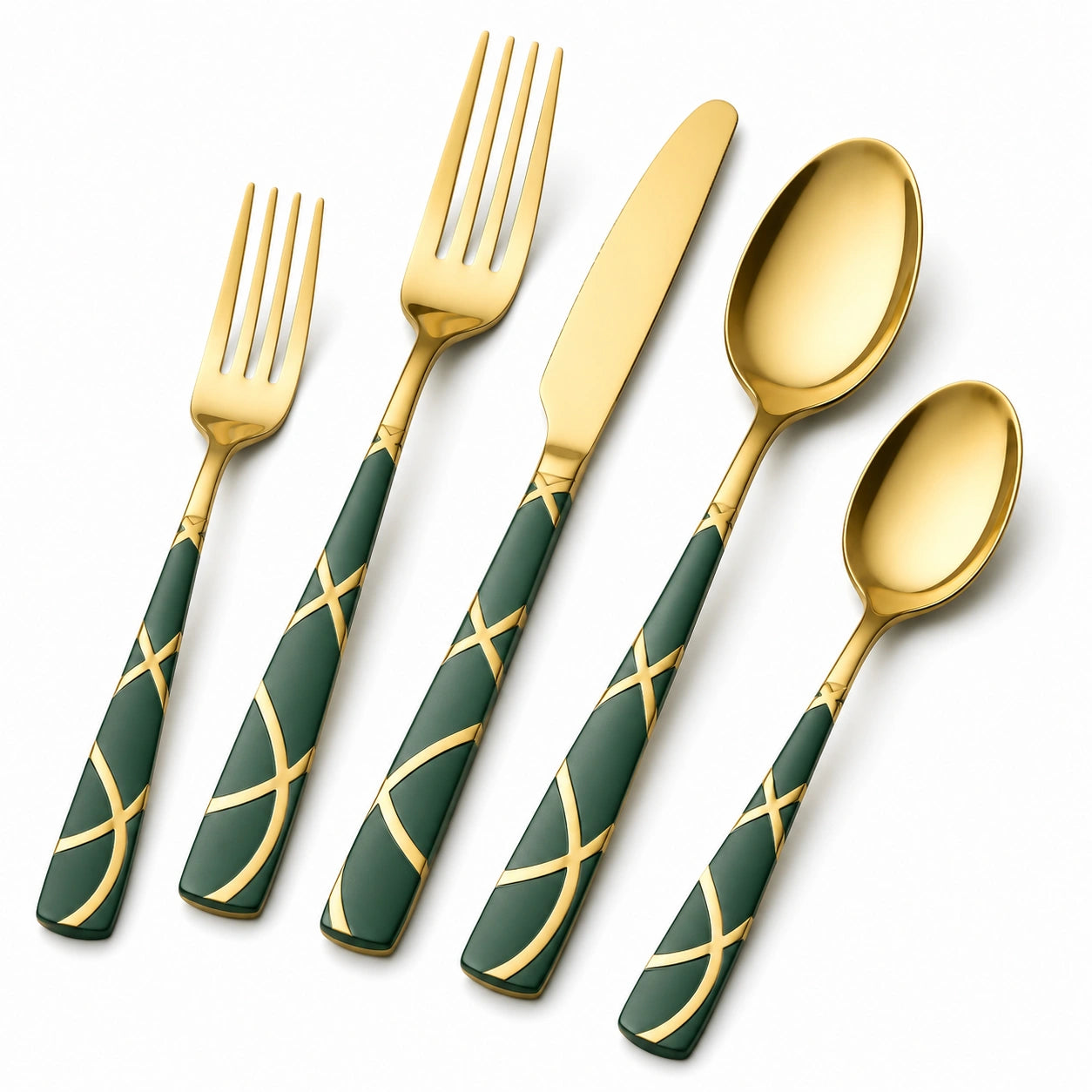 Set posate 5 pezzi in acciaio inox verde e oro per tavola stile moderno