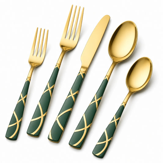 Set posate 5 pezzi in acciaio inox verde e oro per tavola stile moderno