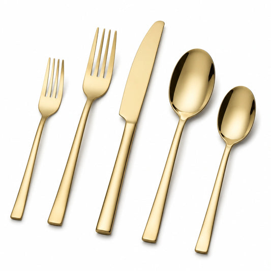 Set di posate 5 pezzi in acciaio inox dorato per tavola moderna