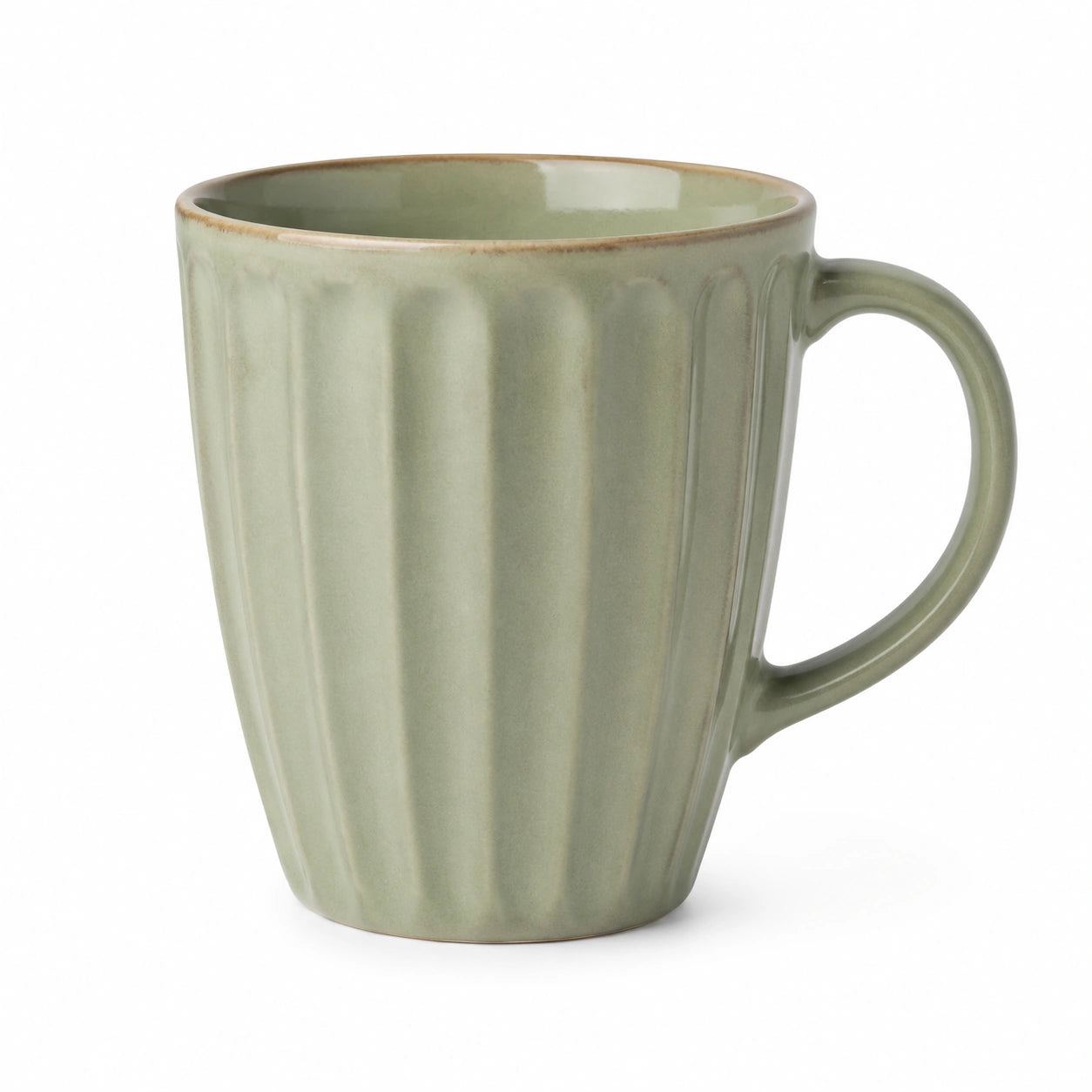 Tazza in ceramica verde 350 ml con manico e rilievi verticali