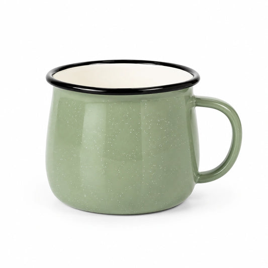 Tazza smaltata 350 ml verde salvia con bordo nero - stile retrò per bevande calde e fredde