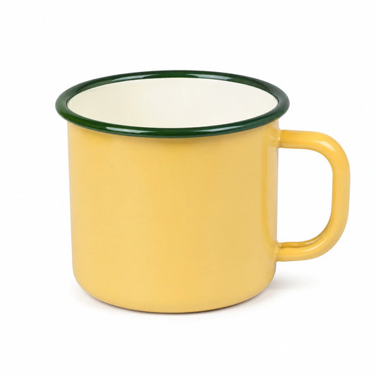 Tazza smaltata 350 ml gialla con bordo verde - manico per bevande calde e fredde